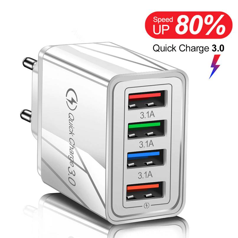 USB Charger Quick Charge 3.0 4 Ports Mobile Phone Chargers Phone Screen Protectors cb5feb1b7314637725a2e7: EU Plug|US Plug