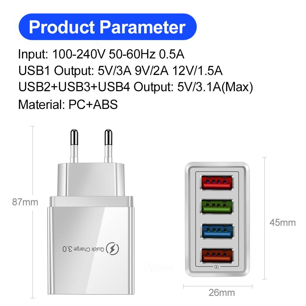 USB Charger Quick Charge 3.0 4 Ports Mobile Phone Chargers Phone Screen Protectors cb5feb1b7314637725a2e7: EU Plug|US Plug